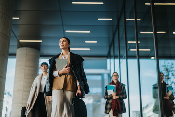 A group of professional women walking confidently through a modern urban area, holding documents...