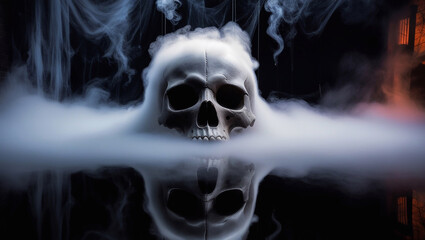 Skull Fog In Dark Halloween Background - Real Mist On Black Floor