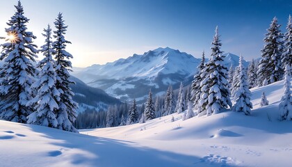 Snow-Covered Pines and Serene Mountain Vista: A Peaceful Winter Landscape