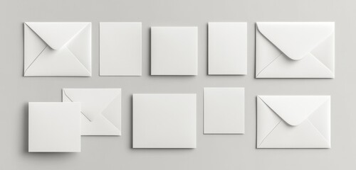 White envelopes, cards, mockup, flatlay, gray background, stationery