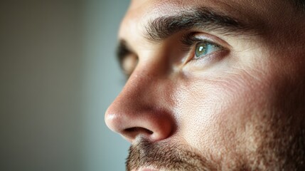 Close up profile of a man breathing, showing perfect nose and clear skin after rhinoplasty surgery, highlighting the success of cosmetic procedure and improved breathing