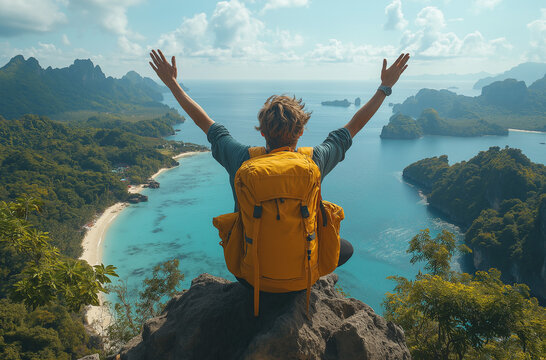 A traveler with a yellow backpack sits atop a mountain, arms raised in joy, overlooking a breathtaking tropical island with white sandy beaches and turquoise waters. The scenic view captures adventure