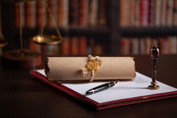 Vintage stamp, envelope and testament. Notary public tools