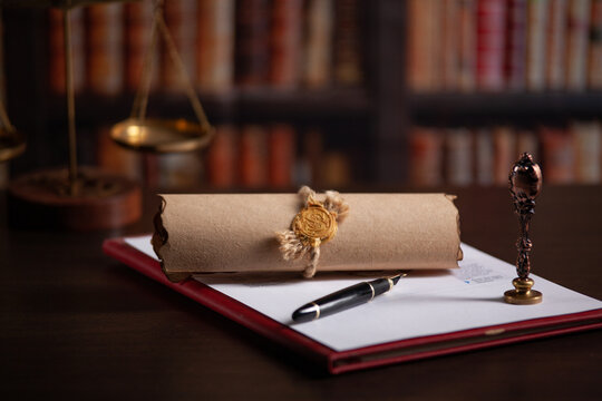 Vintage stamp, envelope and testament. Notary public tools