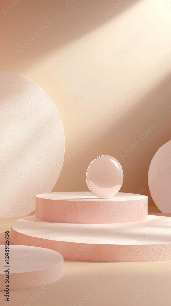 Poster this stylish setup features a series of geometric platforms in soft pastel colors, perfectly arrange