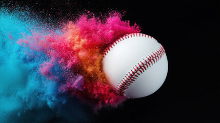 Baseball bursting through colorful powder explosion, showcasing vibrant hues of pink, blue, and orange. dynamic and energetic scene capturing thrill of game