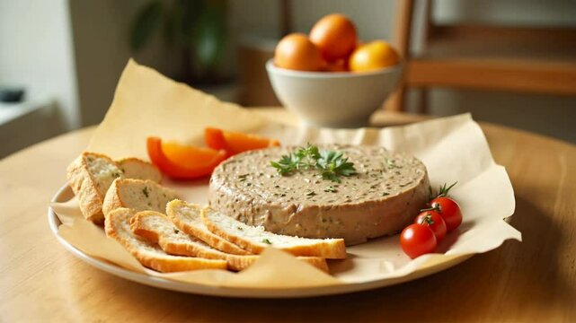 Rustic p&acirc;t&eacute; served with fresh bread slices, cherry tomatoes, and herbs on a wooden table. Concept of gourmet appetizers and rustic dining.