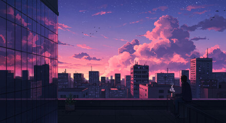 Obraz premium Silhouette of person at sunset on urban rooftop with stunning cloudscape and stars