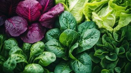 Fototapeta premium Fresh spinach, lettuce, and red leaf mix in garden