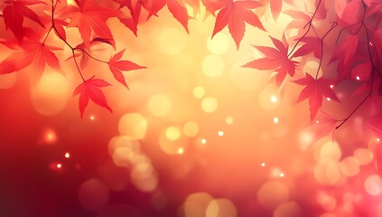 Fototapeta premium Red Maple Leaves on Branch Golden Bokeh Background Autumn or Spring Image Nature Seasonal Design Warm Light Beautiful Serene Tranquil