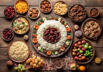 Fototapeta premium Festive Middle Eastern rice feast, wooden table, overhead