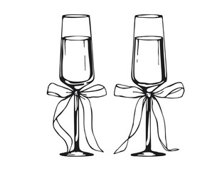 Classy Champagne Flutes Glasses with decorative Bows. Black and white hand-drawn illustration on a white background. Wedding and Celebration concept for design and print.