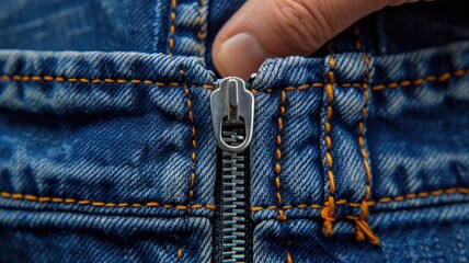 Close-up of hand zipping blue denim jeans for fashion design , National Zipper Day