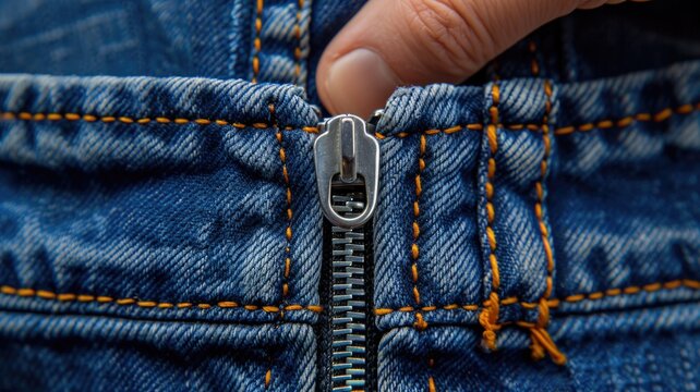 Close-up of hand zipping blue denim jeans for fashion design , National Zipper Day - Powered by Adobe