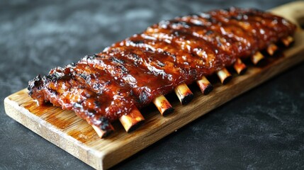 Tasteful baked baby back ribs smothered in savory BBQ sauce, ready to serve.