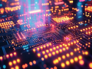 A vibrant abstract representation of a digital circuit enhanced by colorful lights. Ideal for technology and innovation-themed projects.
