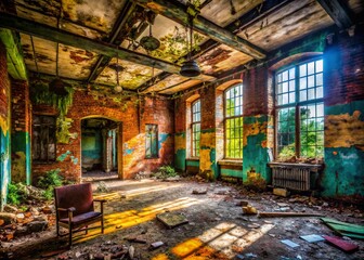 Fototapeta premium Abandoned Urban Building Interior: Decaying Beauty, Grungy Textures, Dark Moody Atmosphere, Urban Exploration Photography
