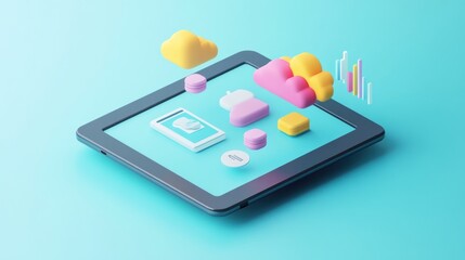 Tablet displaying data, clouds, and graphs; pastel background