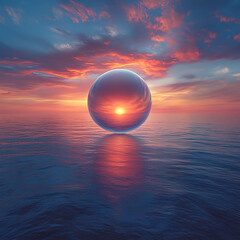 Obraz premium Surreal sunset seascape with a reflective sphere floating on calm water. The vibrant colors of the sky are mirrored in the sphere and ocean, creating a dreamy, ethereal mood.
