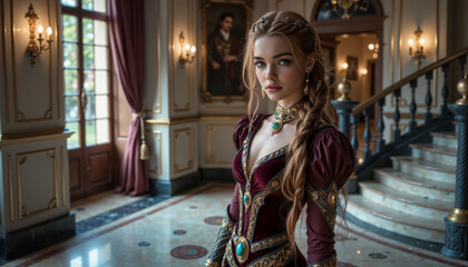 Elegant noblewoman posing in grand staircase ballroom, timeless beauty