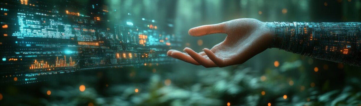 Futuristic Digital Landscape Hand Reaching Out with Data Graphs and Arrows for Financial Growth and Investment Analysis