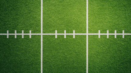 Obraz premium Lush green football field with white yard lines and markings, showcasing vibrant texture and inviting atmosphere for sports activities