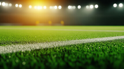 Naklejka premium vibrant football field captured from lower angle, showcasing lush green grass and bright stadium lights illuminating scene. atmosphere is energetic and inviting