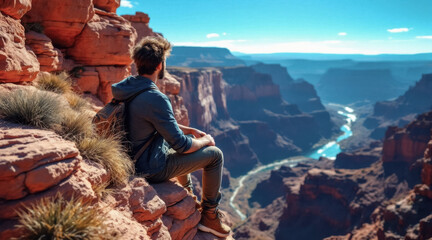 Young caucasian male hiker enjoying grand canyon view in sunlight