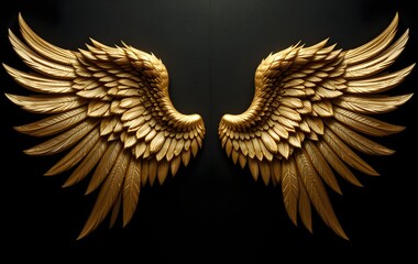 Fototapeta premium Golden Angel Wings on Black Background - Luxurious, Elegant, and Divine Feathered Art 