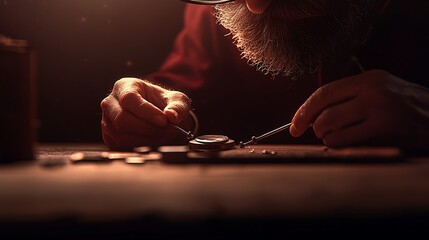 Skilled artisan meticulously repairing a vintage watch in a warm, softly lit workshop setting