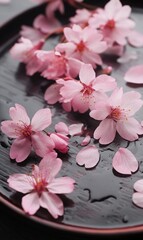 Fototapeta premium Delicate pink cherry blossoms and scattered petals resting on a dark, wet wooden surface