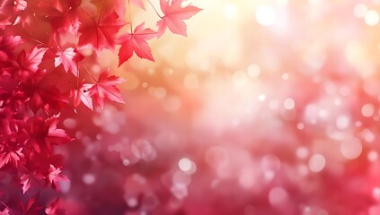 Fototapeta premium Red Maple Leaves on Branch Golden Bokeh Background Autumn or Spring Image Nature Seasonal Design Warm Light Beautiful and Serene