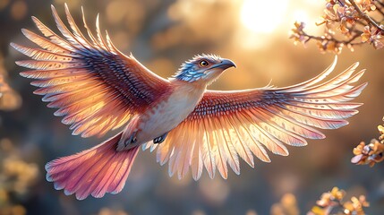 Obraz premium Sunrise flight, fantasy bird, blossom branch, digital art, wallpaper