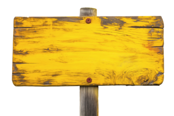 Weathered Wooden Signboard with Yellow Paint on Transparent Background