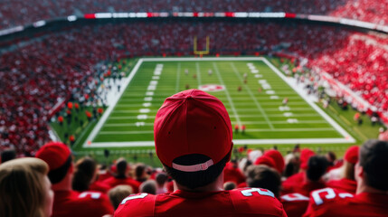 fan watches football game from stands, surrounded by sea of red. excitement in stadium is palpable as players compete on field