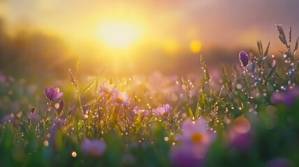 Naklejka premium Beautiful wildflowers covered in morning dew are glowing in the golden light of sunrise over a peaceful meadow, creating a serene and idyllic scene of natural beauty