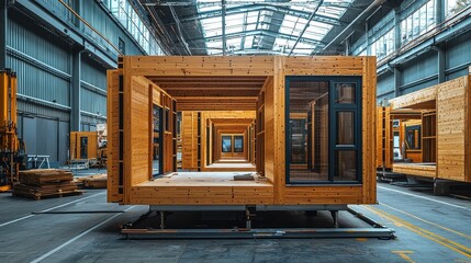 Modern prefabricated wooden houses industrial warehouse architectural showcase contemporary design perspective view