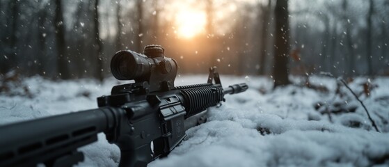 A rifle rests quietly in snow-covered woods, set against a backdrop of a serene sunrise, blending power with the tranquility of nature.