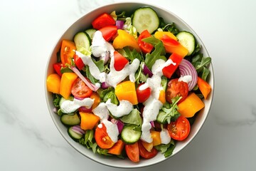 A colorful, healthy salad with various vegetables, including tomatoes and bell peppers, dressed with a vinaigrette.