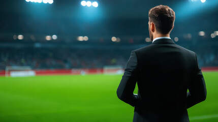 Fototapeta premium football manager stands confidently on sidelines, observing players and vibrant green field under stadium lights. atmosphere is charged with anticipation and strategy