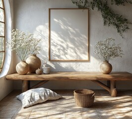 Minimalist Scandinavian Living Room with Wooden Table Blank Canvas and Greenery