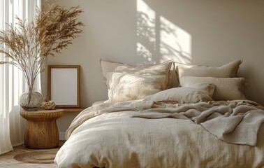 Cozy Scandinavian Minimalist Bedroom Interior with Natural Light and Warm Colors