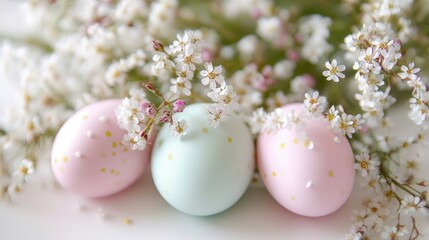 Fototapeta premium Three elegantly decorated eggs with gold dots are placed beside a bouquet of vibrant flowers, creating a harmonious and festive composition.