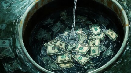 Money wasted, water flowing into a container, financial loss concept