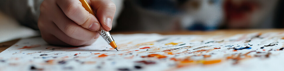 Naklejka premium Hand Using Pencil on Paint-Splatted Paper