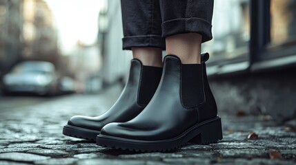 Stylish black ankle boots on cobblestone street urban setting fashion photography close-up view contemporary style