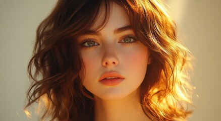 Fototapeta premium Beautiful smiling woman with wavy brown hair and red nails in high fashion portrait with soft studio lighting