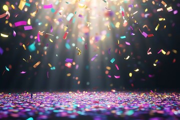 Colorful Confetti Falling on Glittering Stage Floor Celebration Party Design Festive Fun Image Joyful Exciting Atmosphere Performance