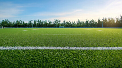 wide angle view of football field with vibrant green grass, clear blue sky, and trees in background, creating serene and inviting atmosphere for sports activities