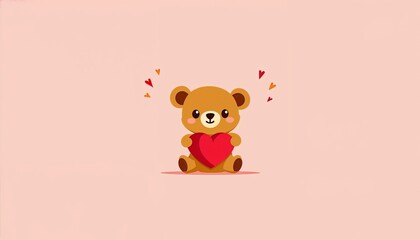 Cute cartoon teddy bear holding a heart surrounded by playful hearts on a pastel background